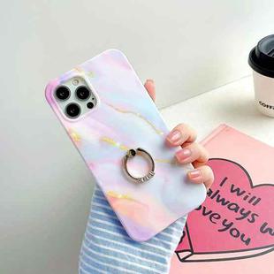For iPhone 12 Pro Max Thickened TPU Glazed Marble Pattern Case with Metallic Ring Holder(Pink)