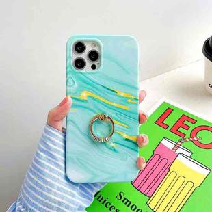 For iPhone 12 / 12 Pro Thickened TPU Glazed Marble Pattern Case with Metallic Ring Holder(Green)