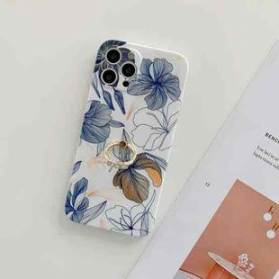 For iPhone 12 Pro Frosted Flowers Pattern IMD TPU Case with Metal Diamond Ring Holder(Blue)