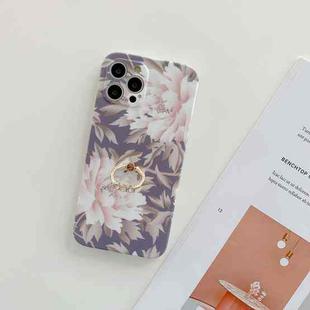 For iPhone 11 Pro Max Frosted Flowers Pattern IMD TPU Casewith Metal Diamond Ring Holder(Gray)
