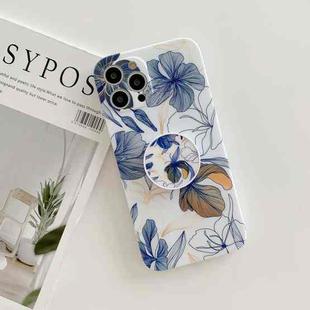 For iPhone 12 Pro Frosted Flowers Pattern IMD TPU Case with Folding Holder(Blue)