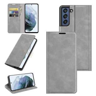 For Samsung Galaxy S21 FE Retro-skin Business Magnetic Suction Leather Case with Holder & Card Slots & Wallet(Grey)