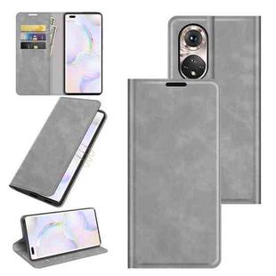 For Honor 50 Pro Retro-skin Business Magnetic Suction Leather Case with Holder & Card Slots & Wallet(Grey)