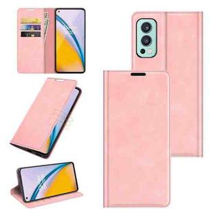 For OnePlus Nord 2 5G Retro-skin Business Magnetic Suction Leather Case with Holder & Card Slots & Wallet(Pink)