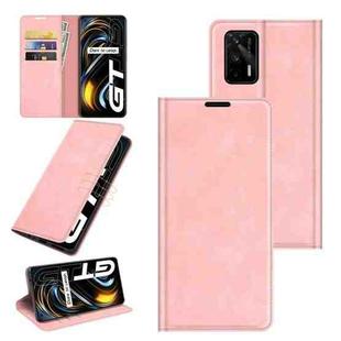 For OPPO Realme GT 5G / Realme Q3 Pro 5G Retro-skin Business Magnetic Suction Leather Case with Holder & Card Slots & Wallet(Pink)