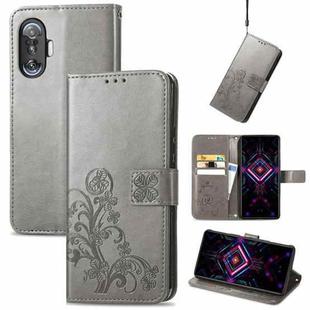 For Xiaomi Redmi K40 Gaming /Poco F3 GT Four-leaf Clasp Embossed Buckle Mobile Phone Protection Leather Case with Lanyard & Card Slot & Wallet & Bracket Function(Gray)