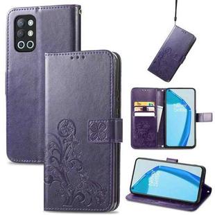 For OnePlus 9R Four-leaf Clasp Embossed Buckle Mobile Phone Protection Leather Case with Lanyard & Card Slot & Wallet & Bracket Function(Purple)