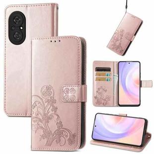 For Honor 50 SE Four-leaf Clasp Embossed Buckle Mobile Phone Protection Leather Case with Lanyard & Card Slot & Wallet & Bracket Function(Rose Gold)