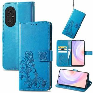 For Honor 50 SE Four-leaf Clasp Embossed Buckle Mobile Phone Protection Leather Case with Lanyard & Card Slot & Wallet & Bracket Function(Blue)
