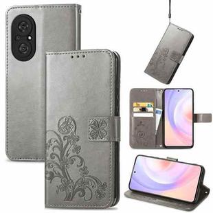 For Honor 50 SE Four-leaf Clasp Embossed Buckle Mobile Phone Protection Leather Case with Lanyard & Card Slot & Wallet & Bracket Function(Gray)