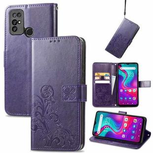 For  Doogee X96 Pro Four-leaf Clasp Embossed Buckle Mobile Phone Protection Leather Case with Lanyard & Card Slot & Wallet & Bracket Function(Purple)