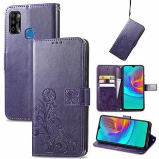 For Infinix X680 / Smart 4 Four-leaf Clasp Embossed Buckle Mobile Phone Protection Leather Case with Lanyard & Card Slot & Wallet & Bracket Function(Purple)