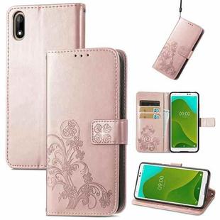 For Wiko Jerry 4 Four-leaf Clasp Embossed Buckle Mobile Phone Protection Leather Case with Lanyard & Card Slot & Wallet & Bracket Function(Rose Gold)