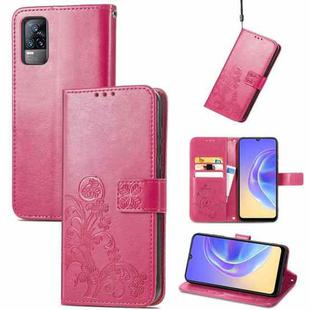 For vivo V21e 4G Four-leaf Clasp Embossed Buckle Mobile Phone Protection Leather Case with Lanyard & Card Slot & Wallet & Bracket Function(Magenta)