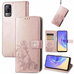 For vivo V21e 4G Four-leaf Clasp Embossed Buckle Mobile Phone Protection Leather Case with Lanyard & Card Slot & Wallet & Bracket Function(Rose Gold)