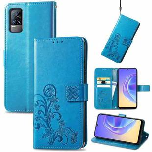 For vivo V21e 4G Four-leaf Clasp Embossed Buckle Mobile Phone Protection Leather Case with Lanyard & Card Slot & Wallet & Bracket Function(Blue)