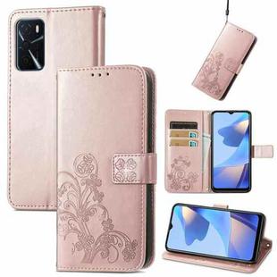 For OPPO A16 Four-leaf Clasp Embossed Buckle Leather Phone Case(Rose Gold)