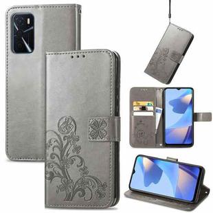 For OPPO A16 Four-leaf Clasp Embossed Buckle Leather Phone Case(Gray)