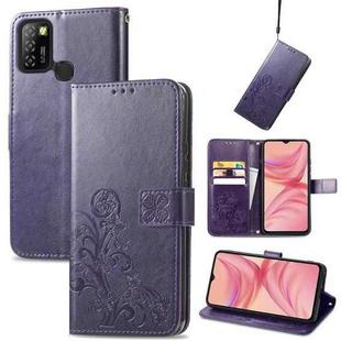 For Infinix Hot 10 Lite Four-leaf Clasp Embossed Buckle Mobile Phone Protection Leather Case with Lanyard & Card Slot & Wallet & Bracket Function(Purple)