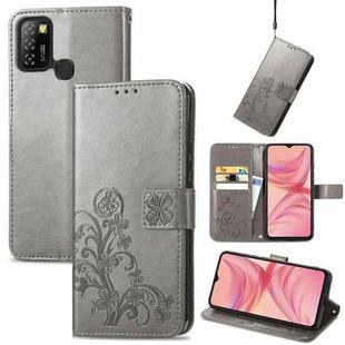 For Infinix Hot 10 Lite Four-leaf Clasp Embossed Buckle Mobile Phone Protection Leather Case with Lanyard & Card Slot & Wallet & Bracket Function(Gray)