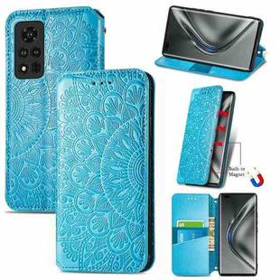 For Honor V40 5G Blooming Mandala Embossed Pattern Magnetic Horizontal Flip Leather Case with Holder & Card Slots & Wallet(Blue)