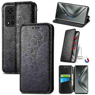 For Honor V40 5G Blooming Mandala Embossed Pattern Magnetic Horizontal Flip Leather Case with Holder & Card Slots & Wallet(Black)