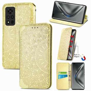 For Honor V40 5G Blooming Mandala Embossed Pattern Magnetic Horizontal Flip Leather Case with Holder & Card Slots & Wallet(Yellow)