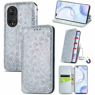 For Honor 50 Pro Blooming Mandala Embossed Pattern Magnetic Horizontal Flip Leather Case with Holder & Card Slots & Wallet(Grey)