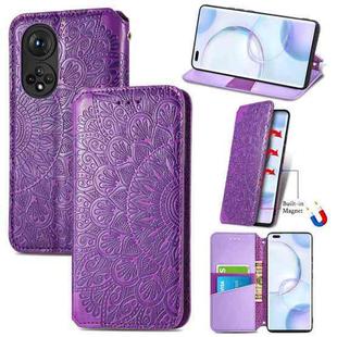 For Honor 50 Pro Blooming Mandala Embossed Pattern Magnetic Horizontal Flip Leather Case with Holder & Card Slots & Wallet(Purple)