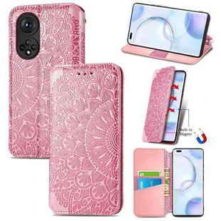 For Honor 50 Pro Blooming Mandala Embossed Pattern Magnetic Horizontal Flip Leather Case with Holder & Card Slots & Wallet(Pink)