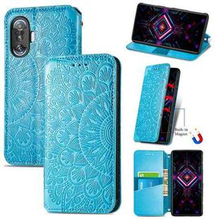 For Xiaomi Redmi K40 Gaming Blooming Mandala Embossed Pattern Magnetic Horizontal Flip Leather Case with Holder & Card Slots & Wallet(Blue)