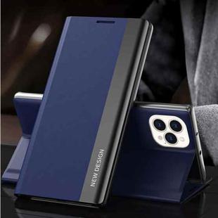 For iPhone 13 Pro Max Side Electroplated Magnetic Ultra-Thin Horizontal Flip Leather Case with Holder (Dark Blue)