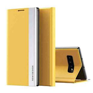For Samsung Galaxy S10 Plus Side Electroplated Magnetic Ultra-Thin Horizontal Flip Leather Case with Holder(Yellow)