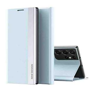 For Samsung Galaxy Note20 Ultra Side Electroplated Magnetic Ultra-Thin Horizontal Flip Leather Case with Holder(Light Blue)