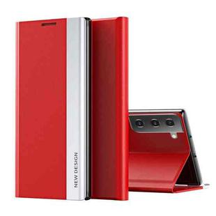 For Samsung Galaxy S21 FE Side Electroplated Magnetic Ultra-Thin Horizontal Flip Leather Case with Holder(Red)