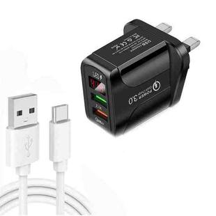 F002C QC3.0 USB + USB 2.0 LED Digital Display Fast Charger with USB to Type-C Data Cable, UK Plug(Black)