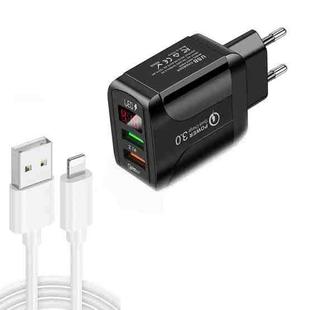F002C QC3.0 USB + USB 2.0 LED Digital Display Fast Charger with USB to 8 Pin Data Cable, EU Plug(Black)
