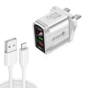 F002C QC3.0 USB + USB 2.0 LED Digital Display Fast Charger with USB to 8 Pin Data Cable, UK Plug(White)