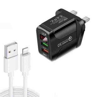 F002C QC3.0 USB + USB 2.0 LED Digital Display Fast Charger with USB to 8 Pin Data Cable, UK Plug(Black)