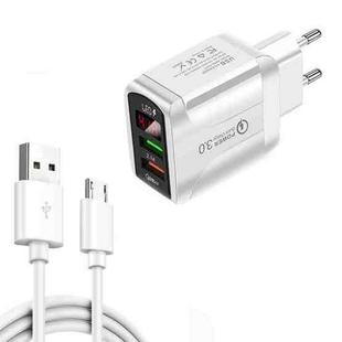 F002C QC3.0 USB + USB 2.0 LED Digital Display Fast Charger with USB to Micro USB Data Cable, EU Plug(White)