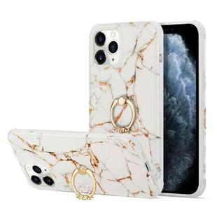 For iPhone 13 Pro Max For  iPhone 13 Pro Max Four Corners Shocproof Flow Gold Marble IMD Back Cover Case with Metal Rhinestone Ring(White)