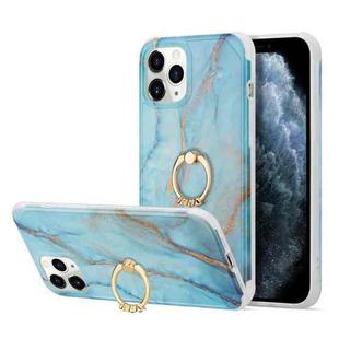 For iPhone 13 Pro Max For  iPhone 13 Pro Max Four Corners Shocproof Flow Gold Marble IMD Back Cover Case with Metal Rhinestone Ring(Blue)