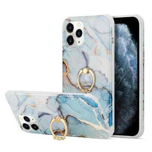For iPhone 13 Pro For  iPhone 13 Pro Four Corners Shocproof Flow Gold Marble IMD Back Cover Case with Metal Rhinestone Ring(Light Blue)