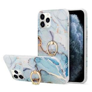 For iPhone 13 mini  Four Corners Shocproof Flow Gold Marble IMD Back Cover Case with Metal Rhinestone Ring(Light Blue)