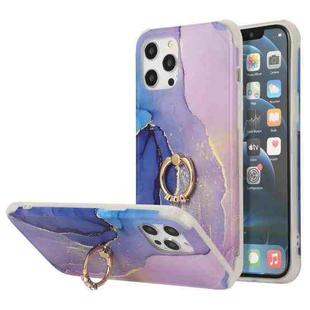 For iPhone 13 Pro Max Four Corners Shocproof Flow Gold Marble IMD Back Cover Case with Metal Rhinestone Ring (Dark Blue)