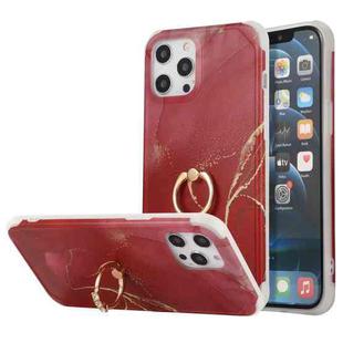 For iPhone 13 Pro Max Four Corners Shocproof Flow Gold Marble IMD Back Cover Case with Metal Rhinestone Ring (Red)