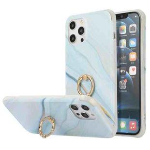 For iPhone 13 Pro Max Four Corners Shocproof Flow Gold Marble IMD Back Cover Case with Metal Rhinestone Ring (Blue)