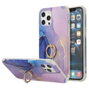 For iPhone 13 Pro Four Corners Shocproof Flow Gold Marble IMD Back Cover Case with Metal Rhinestone Ring For  iPhone 13 Pro(Dark Blue)