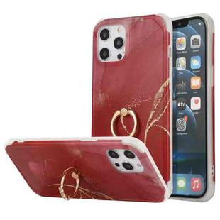 For iPhone 13 Four Corners Shocproof Flow Gold Marble IMD Back Cover Case with Metal Rhinestone Ring For  iPhone 13(Red)