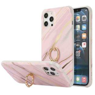 For iPhone 13 mini Four Corners Shocproof Flow Gold Marble IMD Back Cover Case with Metal Rhinestone Ring (Pink)